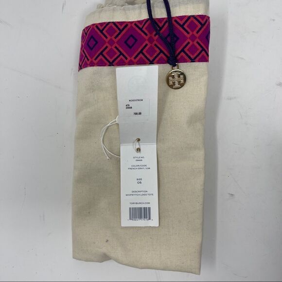 Tory Burch Whipstitch Logo Tote in French Gray #29668 Pebbled Leather Dust Bag - Picture 9 of 11